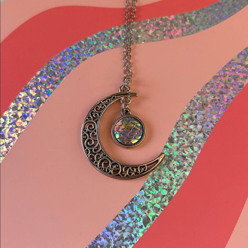 Silver Crescent Moon Necklace with Iridescent Pendant